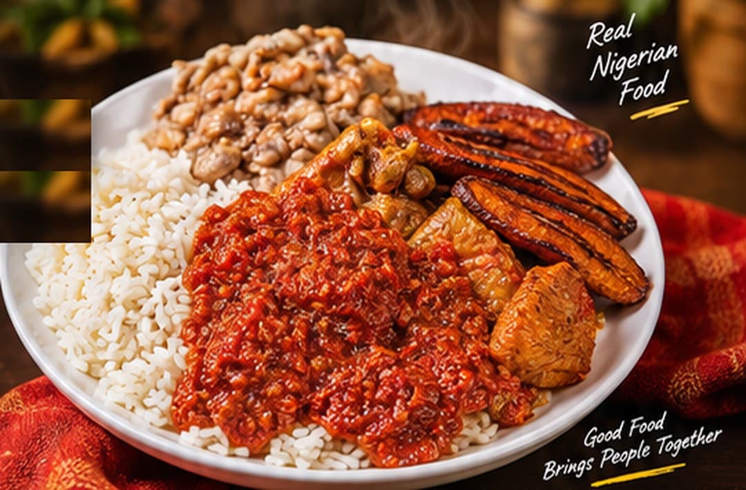 White rice with stew, beans and fried plantain